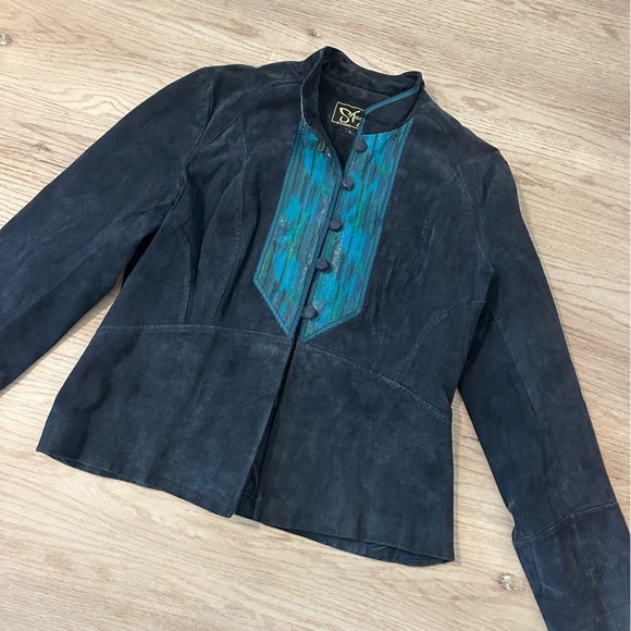 Vintage Sharif western women's suede jacket navy with turquoise accent - Picture 2 of 8